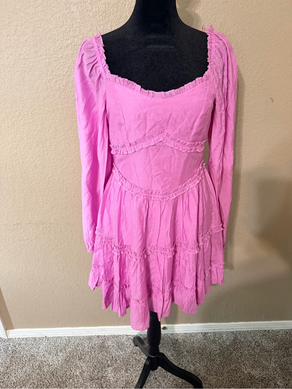 Francesca's Collections Bright Pink Long-Sleeve Ruffle Tiered Dress